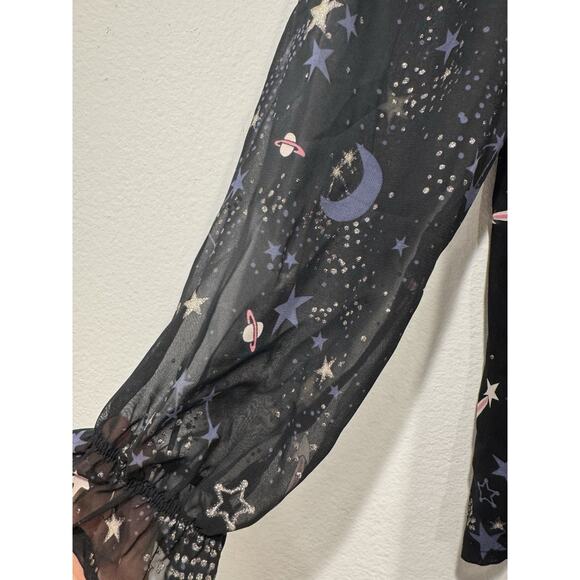 H&M Smocked Space Top Girls Size 14Y Moon Stars Sparkle Long Sleeve Party Blouse - Picture 7 of 9